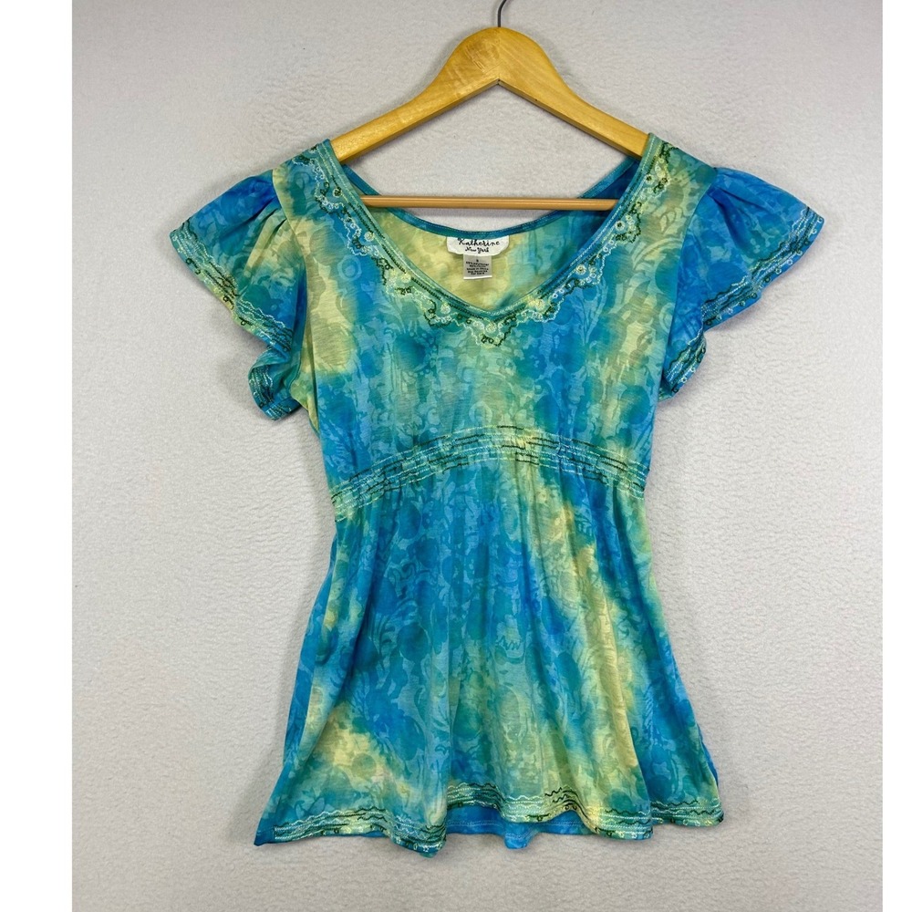 Boho Y2K Katherine New York Womens Small Blue Green Watercolor Empire Waist Top